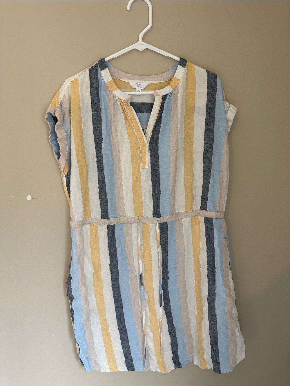 Time and Tru Striped Short Sleeve Midi Dress - Yellow, Blue, Cream, Gray